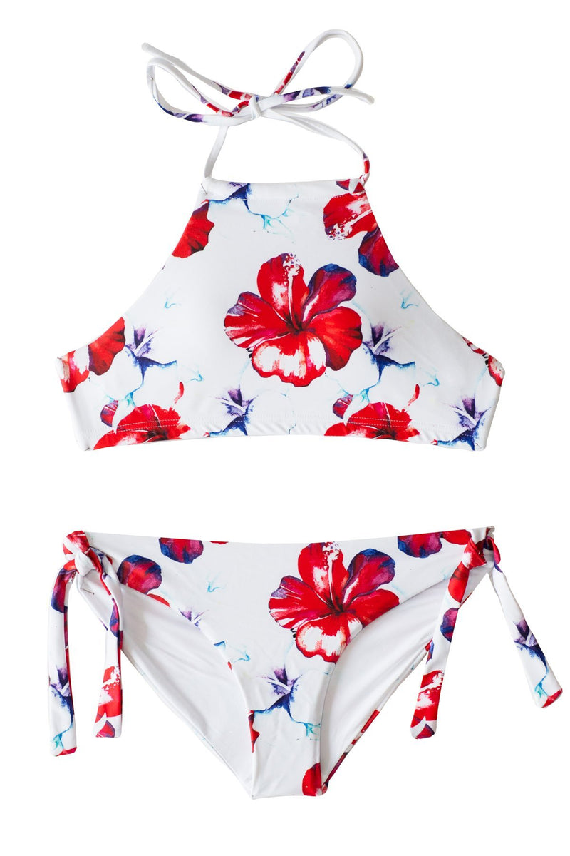 Hawaii Inspried Red White Hibiscus Flora Halter Top Two Piece Bikini