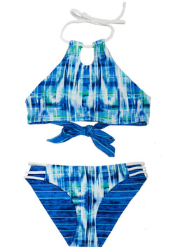 Blue Reversible Junior Girls Bikini Padded 2-piece with green white teal plaid print