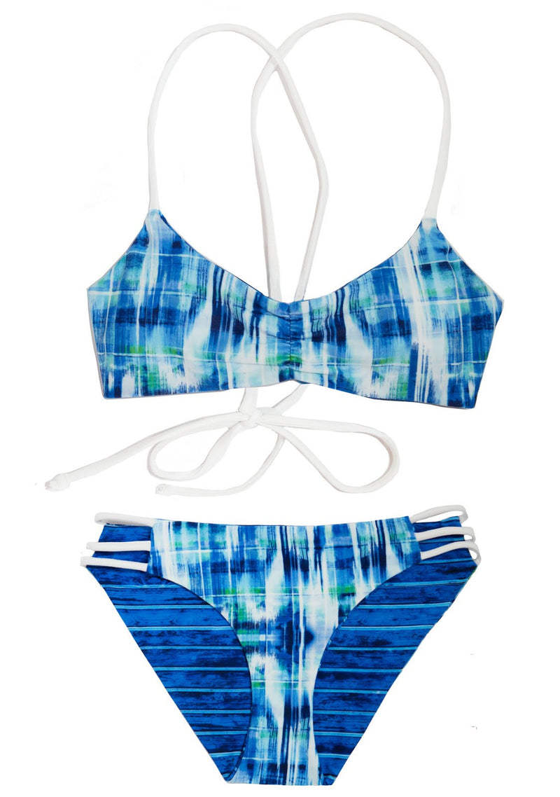 Reversible 2-Piece Junior Girls Swimsuit Blue Green White Stripes and Plaid