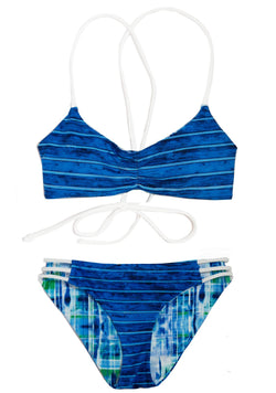 Junior Girls Bikini Blue Striped Reversible Full coverage 2-Piece Swimsuit