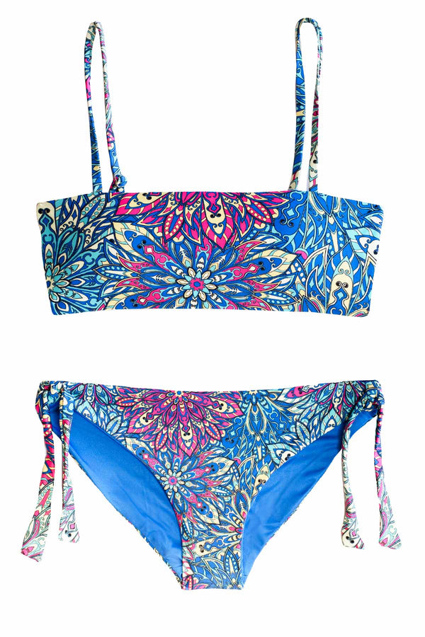Blue Multi Color High Quality Two Piece Bikini Swimsuit Set with Bandeau Style Top and Cute Swim Bottoms