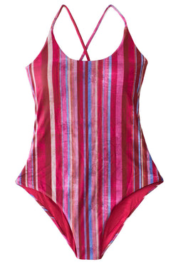 Retro Style GIRLS Age-Appropriate Red Padded 1-PIECE Multi Color Striped Swimsuit for Tweens and Teens