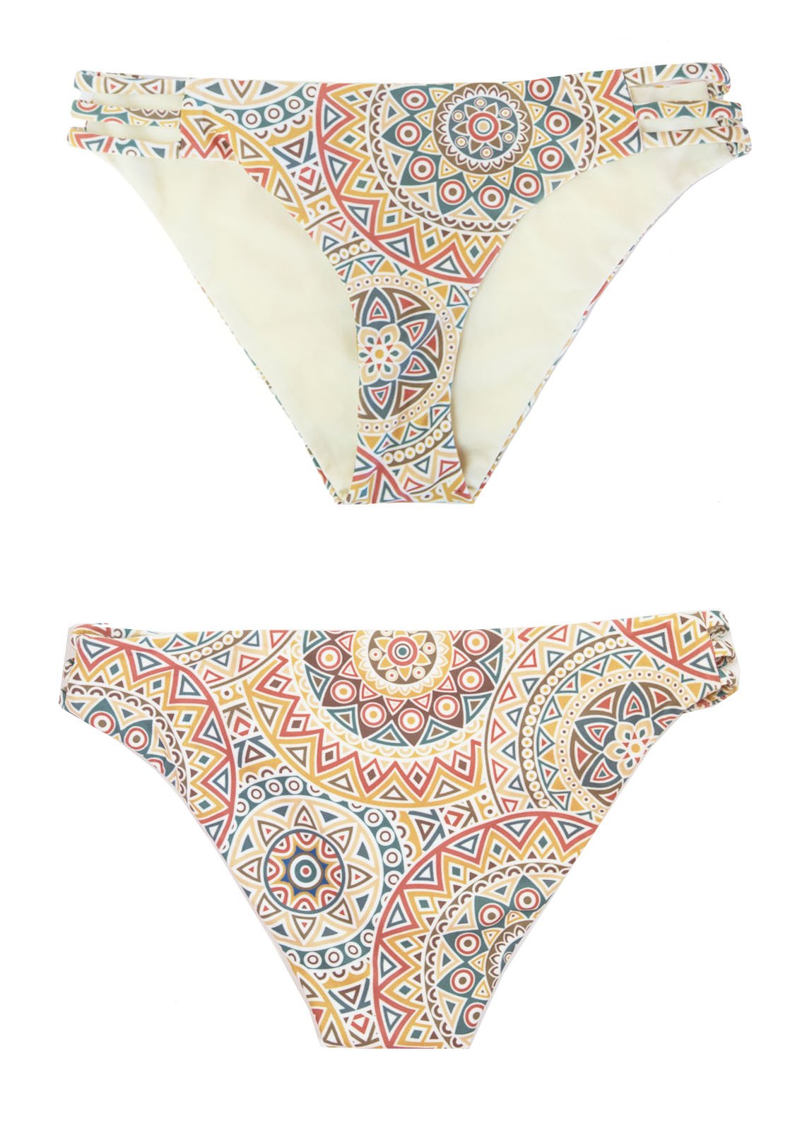 Classic Bikini Bottoms with a reversible solid light yellow side, and a mandala print.