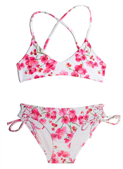 Cherry Blossoms - TWO PIECE Floral Girls Bikini SET with Pink Flowers made by Chance Loves Kids Swimwear