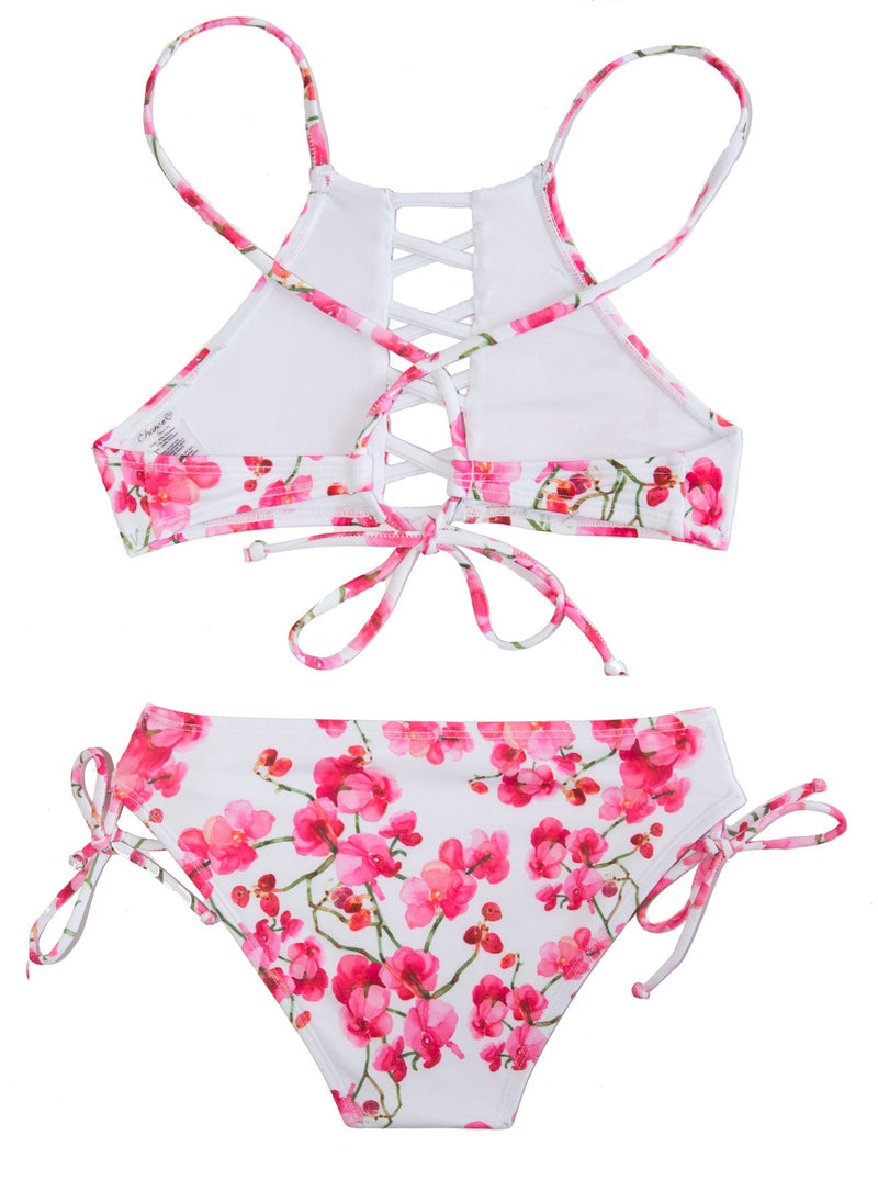 Cherry Blossoms Bikini with Criss Cross Halter Top - Chance Loves Swimwear