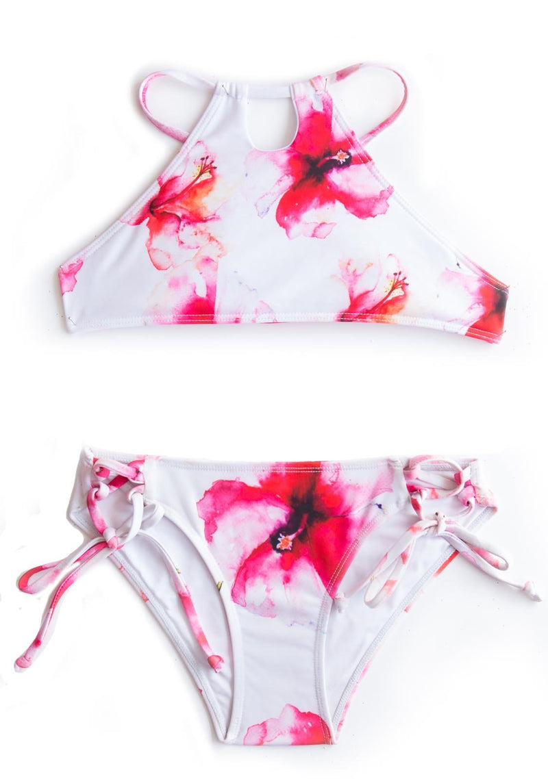 Costa Flora - TWO PIECE Pink and White Floral Girls Swimsuit by Chance Loves Swimwear