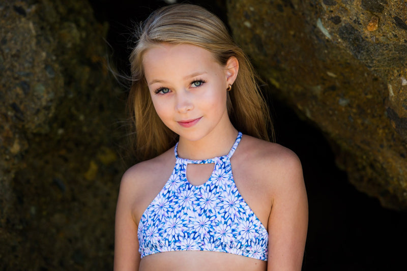 Smiling because it's summertime in the Daisy Blue Girls Bikini Set with Halter Top - Chance Loves Swimwear