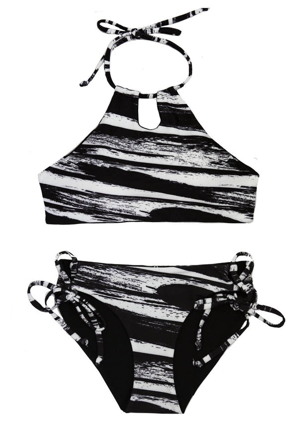 DRIFTWOOD - 2 PIECE Girls BIKINI SET w/Halter Top REVERSIBLE TWO PIECE w/Halter Top Chance Loves Girls 10 BLACK & WHITE 