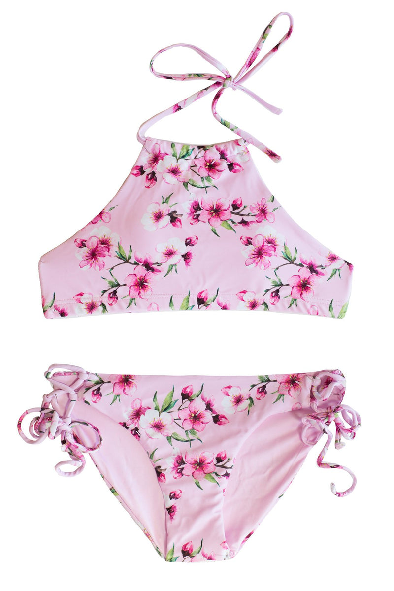 2-PIECE Teen Girls Bikini SET Pink Floral Halter Top and full coverage Bottoms Bikini by Chance Loves