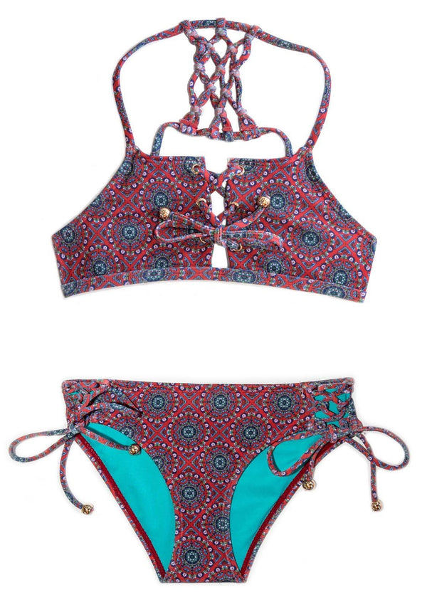 Beautiful Gypset Cool - Dark Red Lace Up TWO PIECE Bikini SET Swimwear Girls Size 7-16 - Chance Loves Swimwear