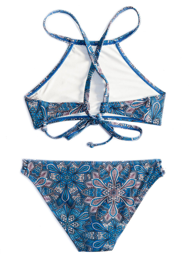 A blue age appropriate bikini with halter top and full coverage bottoms designed by Chance Loves Swimwear