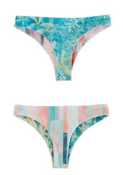 Reversible Cheeky Bikini Bottoms. Pastel Stripes and teal floral pattern.
