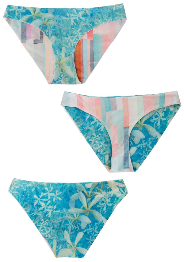 Beautiful Hipster Style Bikini Bottoms, that are reversible. One side has a pastel Print Pattern, and the other side is a Teal Floral Pattern.