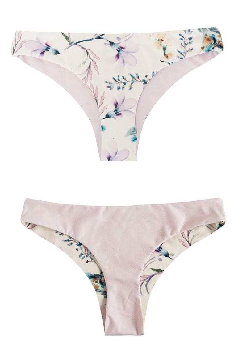 Beautiful Rose Colored Floral Bikini, which is Reversible and made with Sustainable Fabrics.