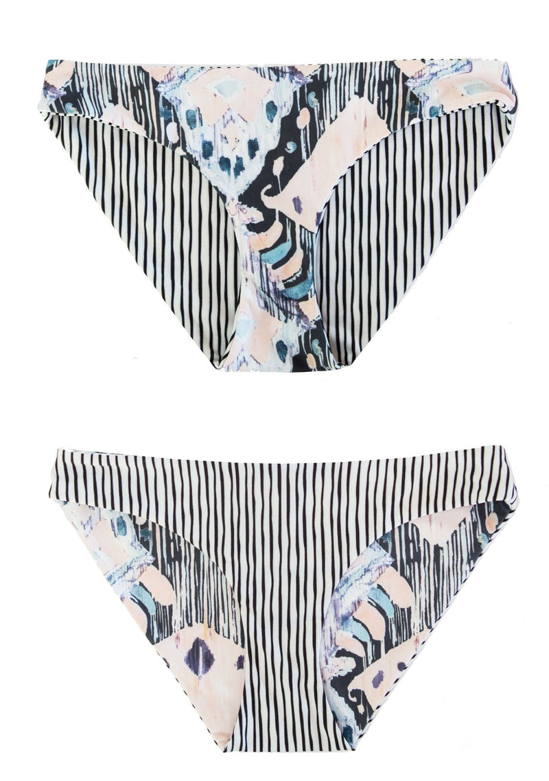 Reversible Hipster Swim Bottoms, with Black and white stripe and art Print.