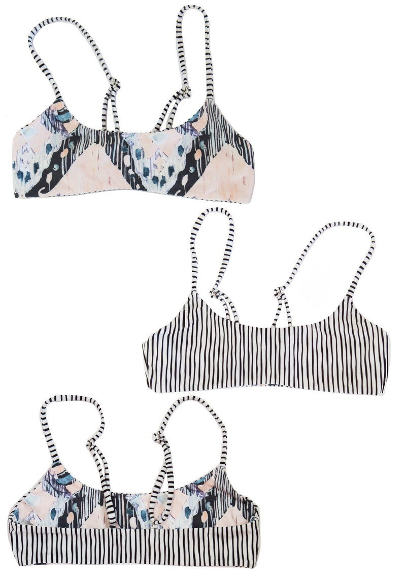 Bralette Bikini Swim Top, reversible with black and white stripes on one side, and a beautiful art print on the other side.