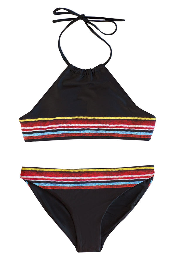 Adjustable Black-Red-Yellow 2-PIECE GIRLS Bikini & Padded Halter Top with Full Coverage bottoms
