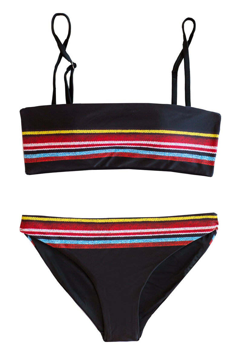 Retro Black Two Piece Bikini Set with Bandeau Top and Cute hipster Bottoms
