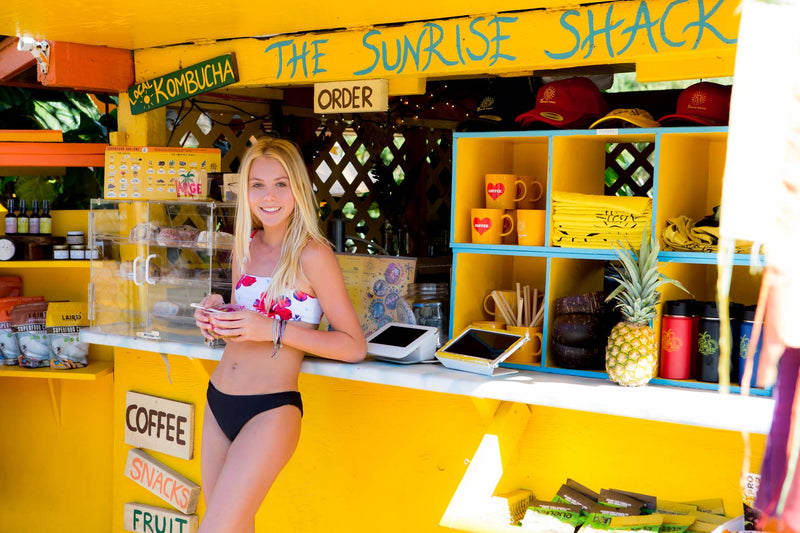 Hanging out at the Sunrise Shack in Oaha Hawaii in a black bikini