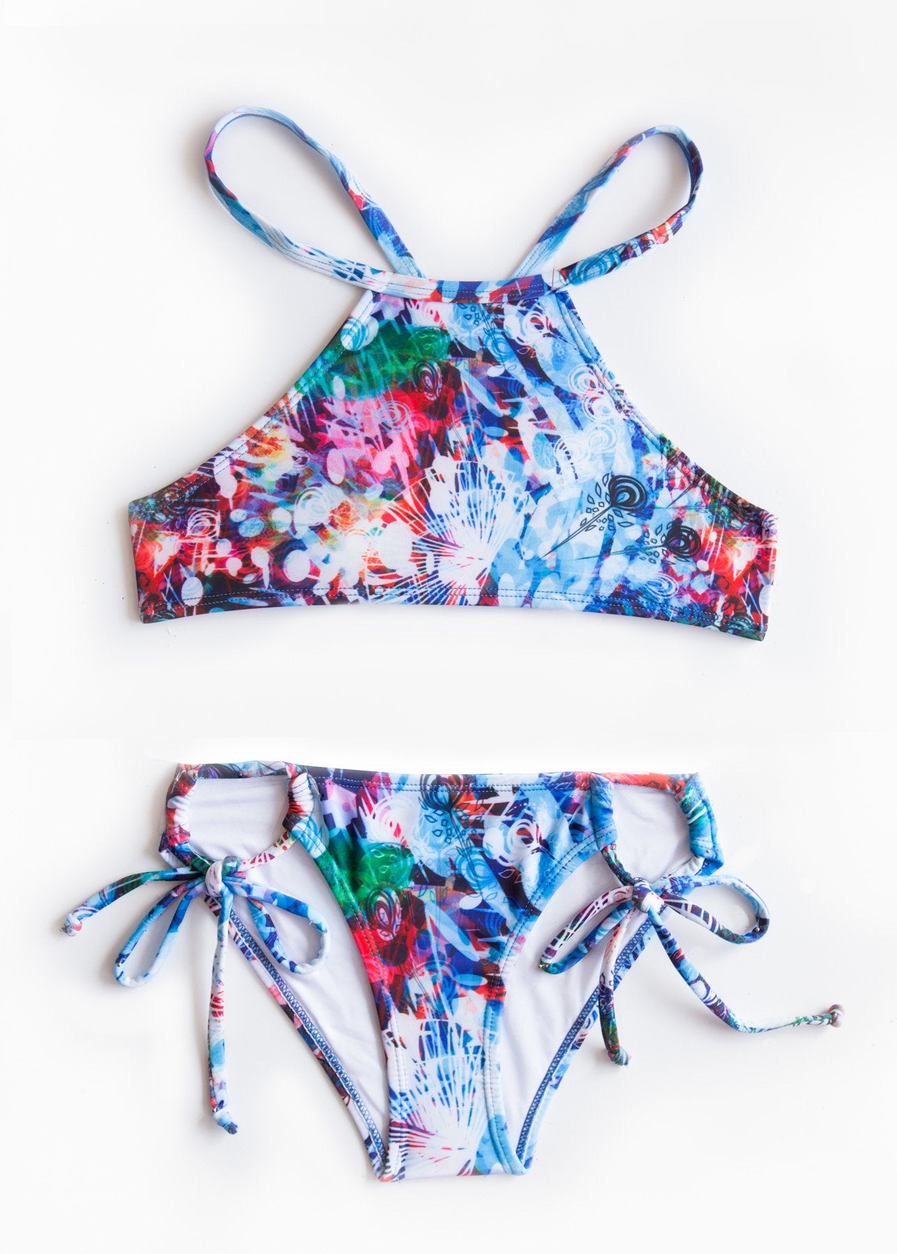 2-Piece Girls Kids Swimsuit Colorful Blue Red Halter Top Bikini - Chance Loves Swimwear