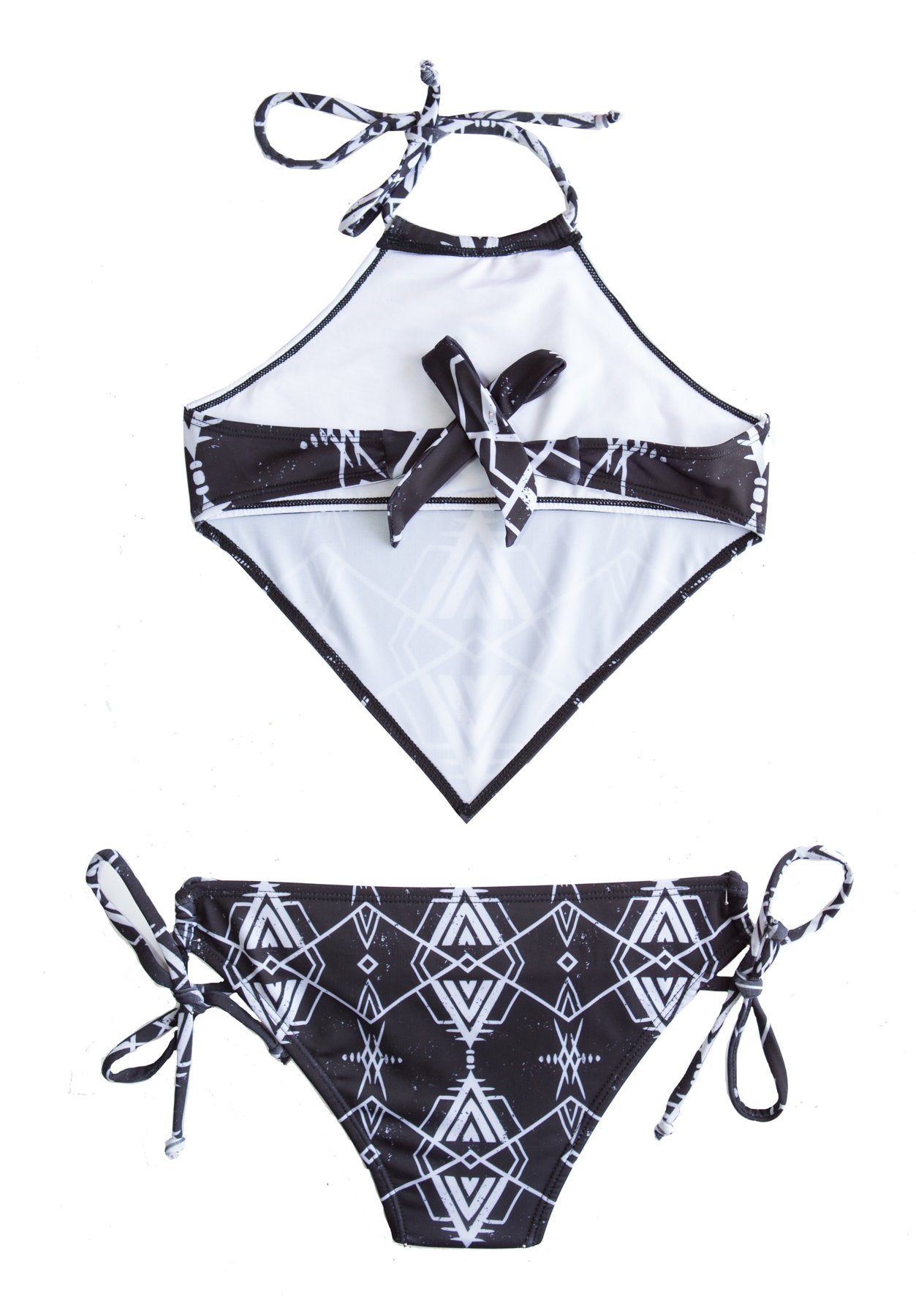 Backside of a Black 2-PIECE Halter Bikini SET with adjustable full coverage Bottoms for 10 year old girls