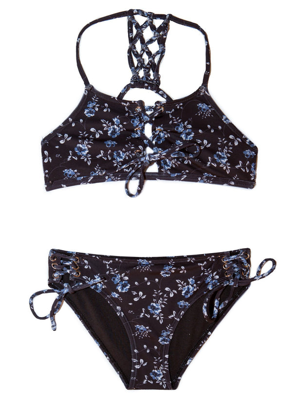 Midnight Bloom - Black TWO PIECE Floral Girls Bikini SET with beautiful Back Detail Youth Sizes 