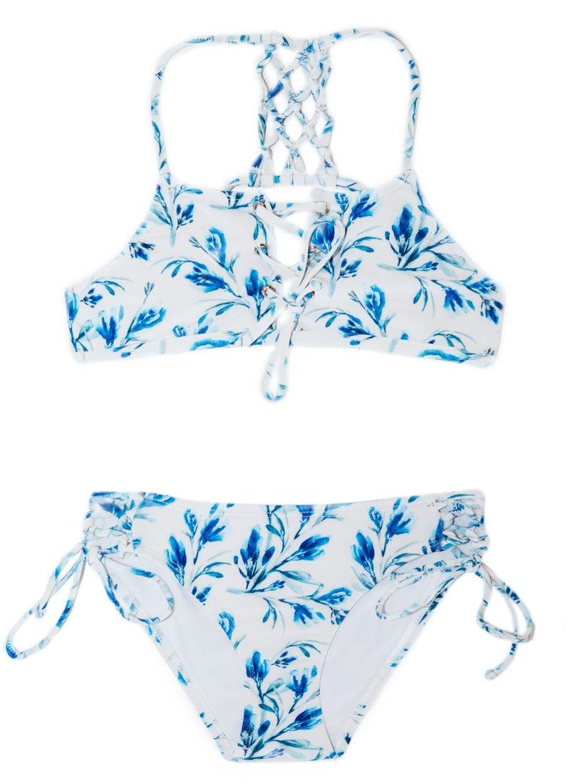 TWO PIECE Blue and White FloralOcean Lilac Lace Up Girls Bikini Set with YOUTH Sizing - Chance Loves Swimwear