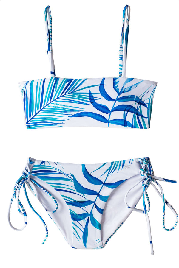 High Quality Blue and White Reversible TWO piece Bikini Set with Bandeau Top and Adjustable Full Bottoms