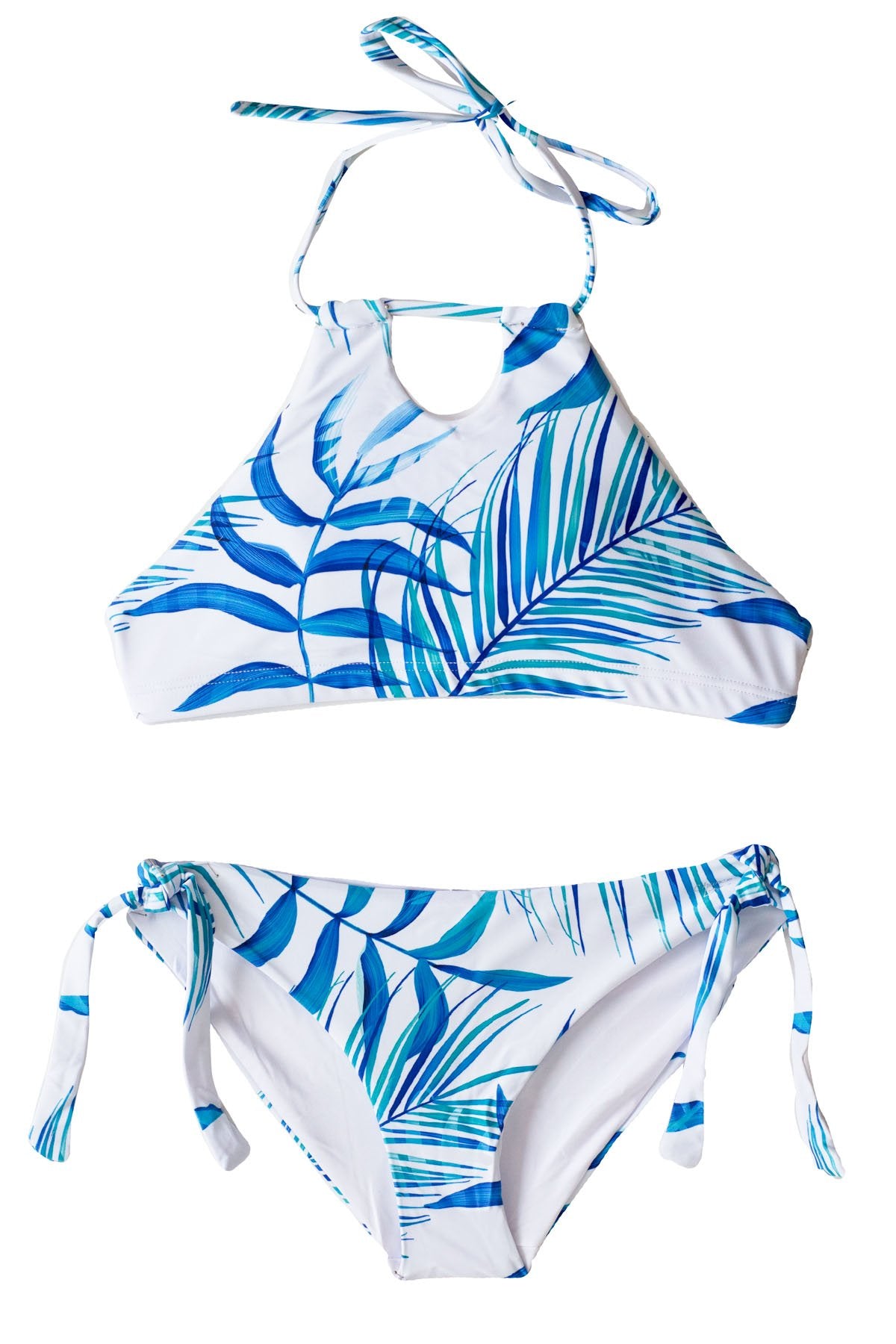High Quality Reversible Two Piece Bikini Swimsuit Set with Blue and Teal Palm Leaves, Halter top and Full Bottoms