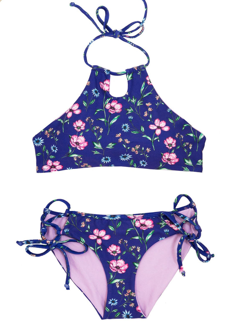 VIOLETTA Bikini - 2 Piece SET for Girls w/HALTER Top 2 Piece Bikini Set with Halter Top Chance Loves Girls 10 Purple Floral 